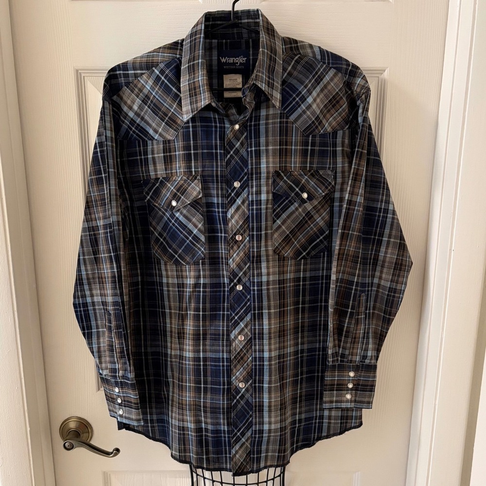Wrangler Western Pearl Snap Plaid Shirt Men's Large Green Long Sleeve Cowboy
